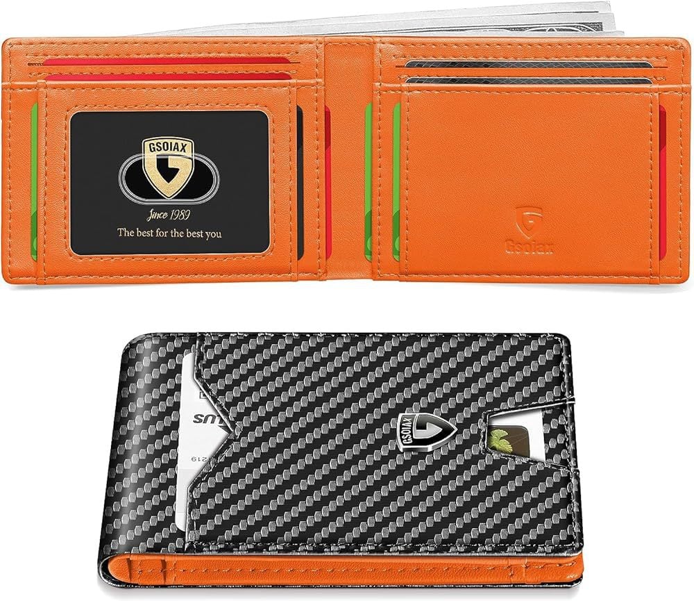 Men's Slim Leather RFID Blocking Wallet - Minimalist Carbon Fiber Bifold