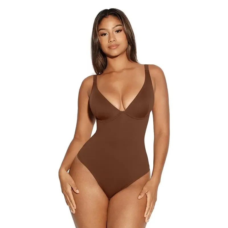 Women V Neck Bodysuit Thong Tummy Control Shapewear Basic Fabric Fashion Womenswear