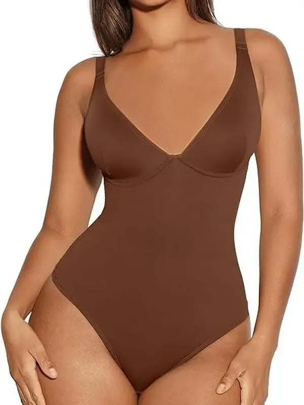 Women V Neck Bodysuit Thong Tummy Control Shapewear Basic Fabric Fashion Womenswear