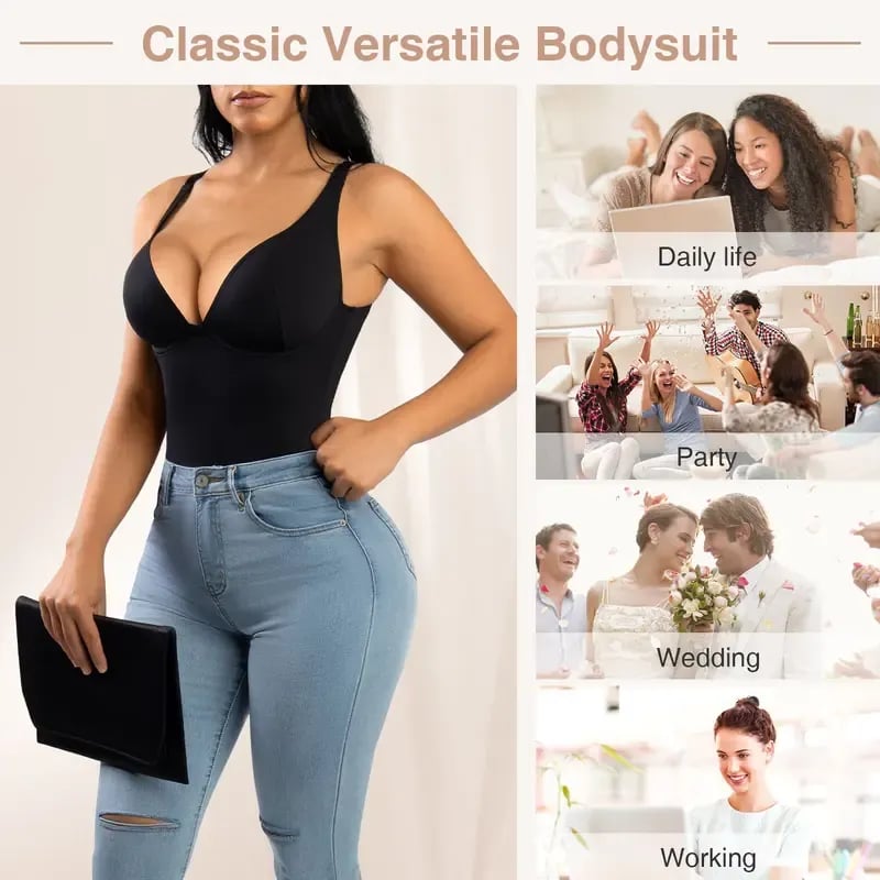 Women V Neck Bodysuit Thong Tummy Control Shapewear Basic Fabric Fashion Womenswear