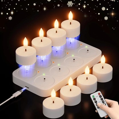 Rechargeable Flameless LED Tea Lights, Charging Station & Remote Included, Flickering Fake Candles, Safe No Flame Candle for Home, Wedding, Festival & Emergency Lighting