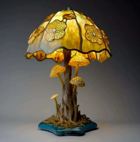 🍄🌈3D Vintage Stained Glass Plant Series Table Lamps Mushroom Creative Light Resin