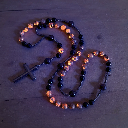 Natural Obsidian Yooperlite RosaryNecklace, UV Reactive EnergyProtection Healing Crystal