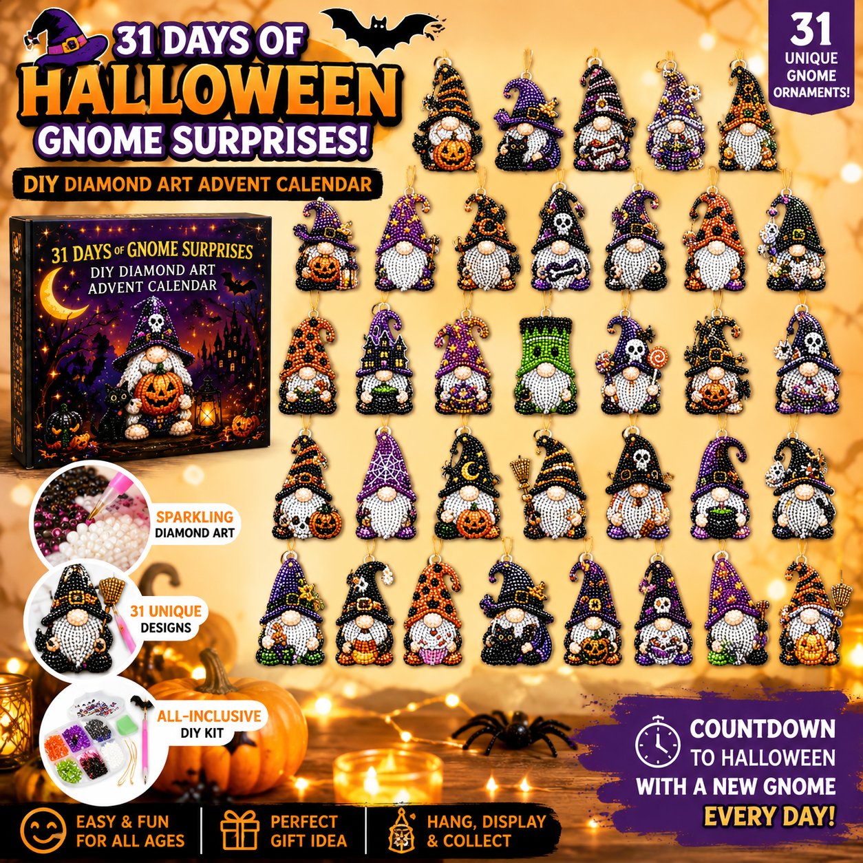 🎃👻 Last Day 50% OFF✨- 31 Days of Gnome Surprises Halloween Diamond Painting Advent Calendar