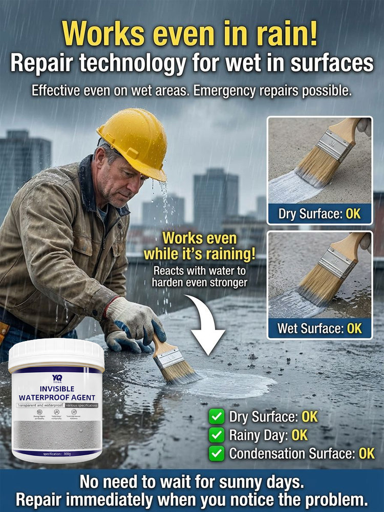 🚀 This aerospace-grade waterproofing agent uses a 99% high-concentrate formula. ⏱️ It penetrates deep into cracks and forms a protective film within minutes, ✨ dries completely invisibly, and 🏠 effortlessly stops water seepage on roofs and walls.