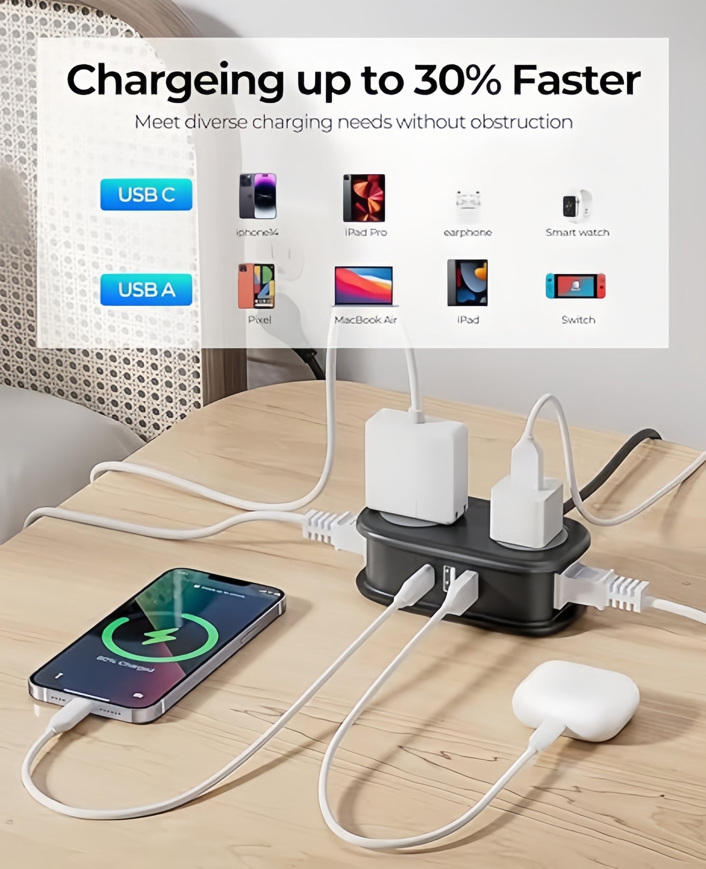 🏆Flash Sale⚡Travel Power Strip, 4 Outlets 3 USB Ports (1 USB C)