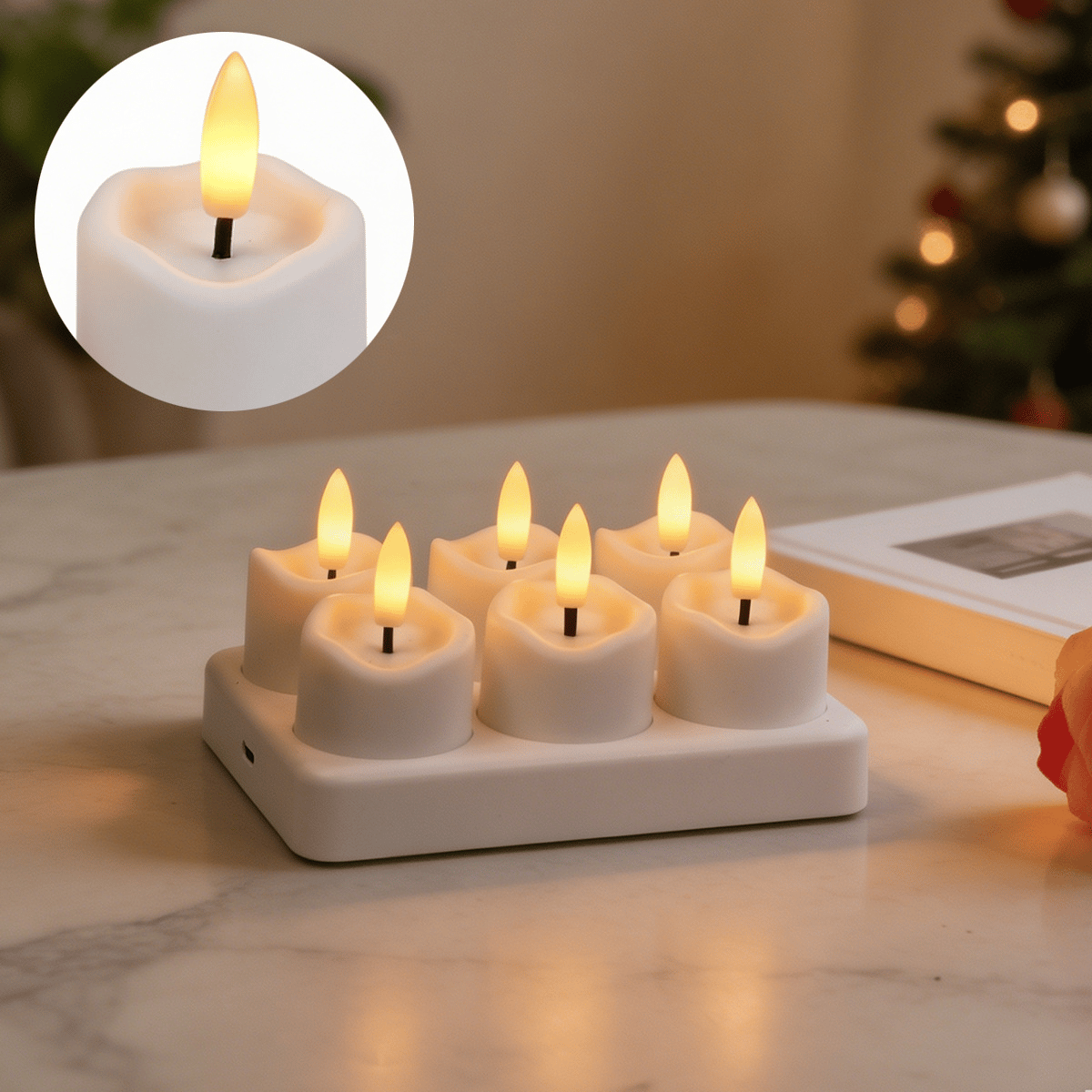 Rechargeable Flameless LED Tea Lights, Charging Station & Remote Included, Flickering Fake Candles, Safe No Flame Candle for Home, Wedding, Festival & Emergency Lighting