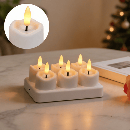 Rechargeable Flameless LED Tea Lights, Charging Station & Remote Included, Flickering Fake Candles, Safe No Flame Candle for Home, Wedding, Festival & Emergency Lighting