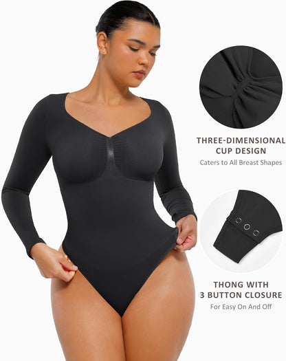 🏆Long Sleeve Bodysuit for Women with V Neck Body Suits Tops for Tummy Control Thong