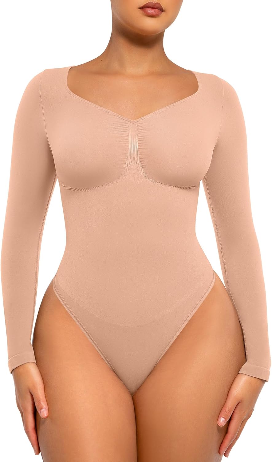 🏆Long Sleeve Bodysuit for Women with V Neck Body Suits Tops for Tummy Control Thong