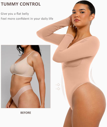 🏆Long Sleeve Bodysuit for Women with V Neck Body Suits Tops for Tummy Control Thong