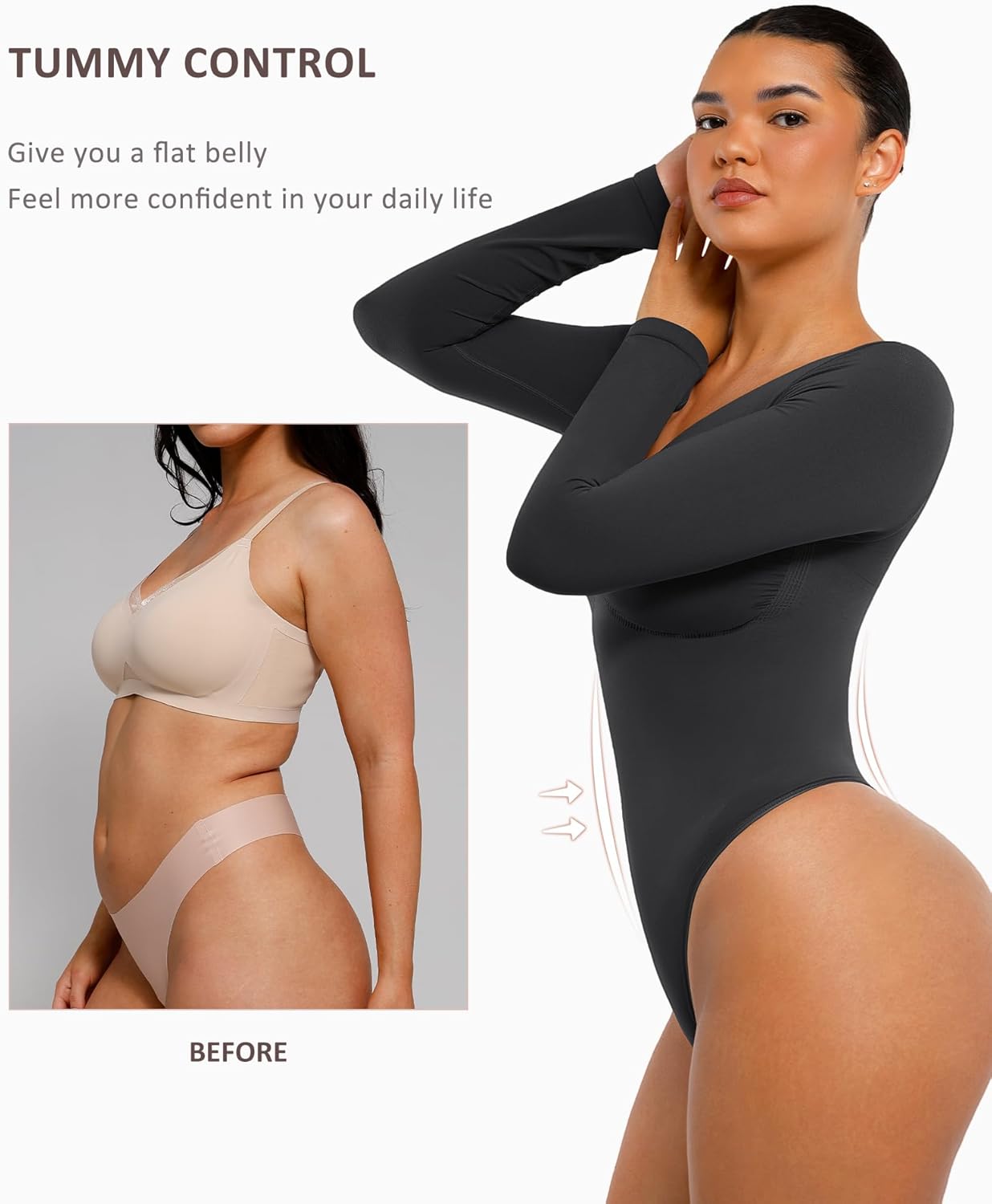 🏆Long Sleeve Bodysuit for Women with V Neck Body Suits Tops for Tummy Control Thong