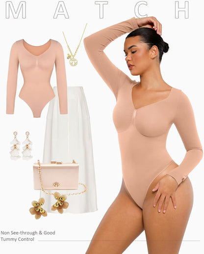 🏆Long Sleeve Bodysuit for Women with V Neck Body Suits Tops for Tummy Control Thong