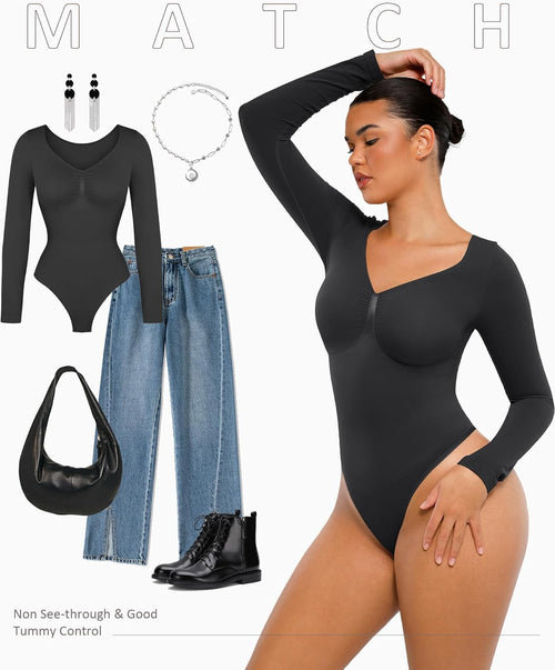 🏆Long Sleeve Bodysuit for Women with V Neck Body Suits Tops for Tummy Control Thong