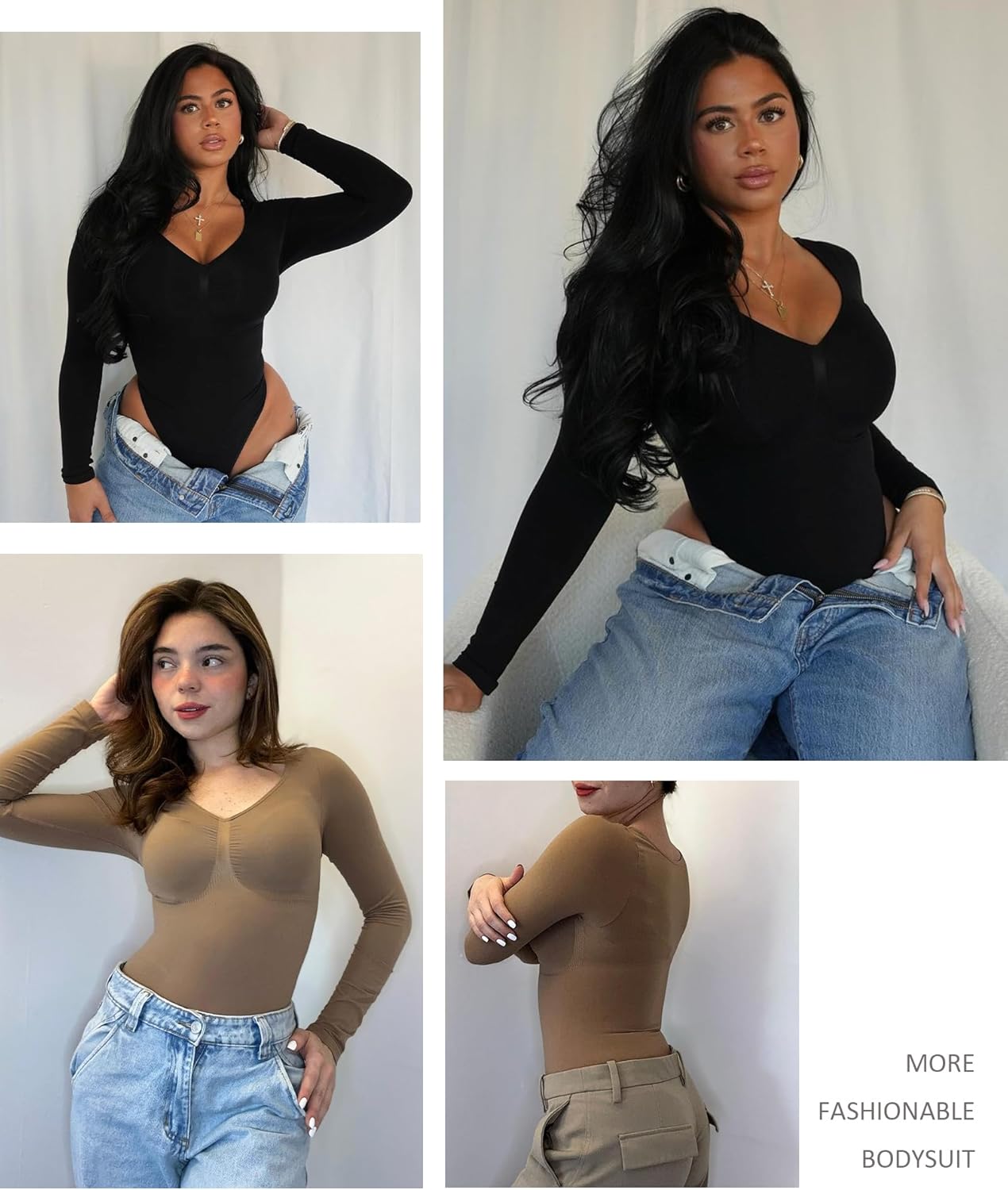 🏆Long Sleeve Bodysuit for Women with V Neck Body Suits Tops for Tummy Control Thong