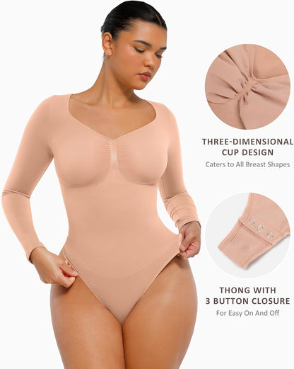 🏆Long Sleeve Bodysuit for Women with V Neck Body Suits Tops for Tummy Control Thong