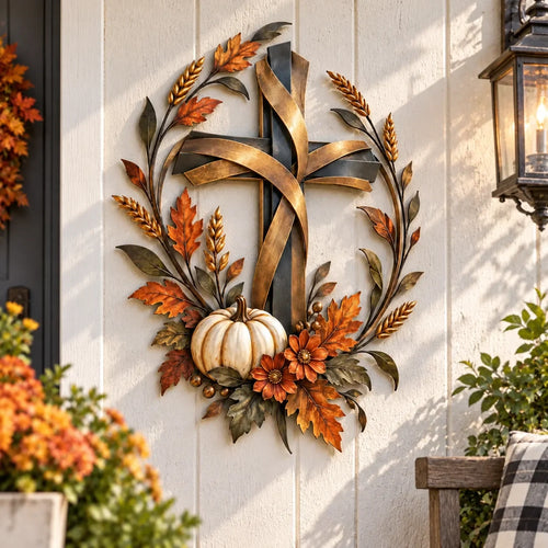 ✝️🍂 Autumn Cross & Pumpkin Harvest Metal Wall Decor (📦buy 2 Free Shipping)