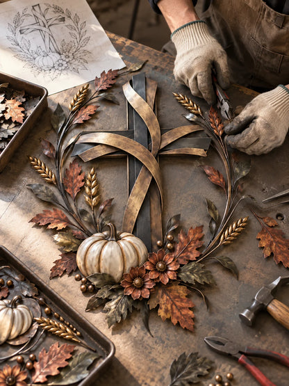 ✝️🍂 Autumn Cross & Pumpkin Harvest Metal Wall Decor (📦buy 2 Free Shipping)