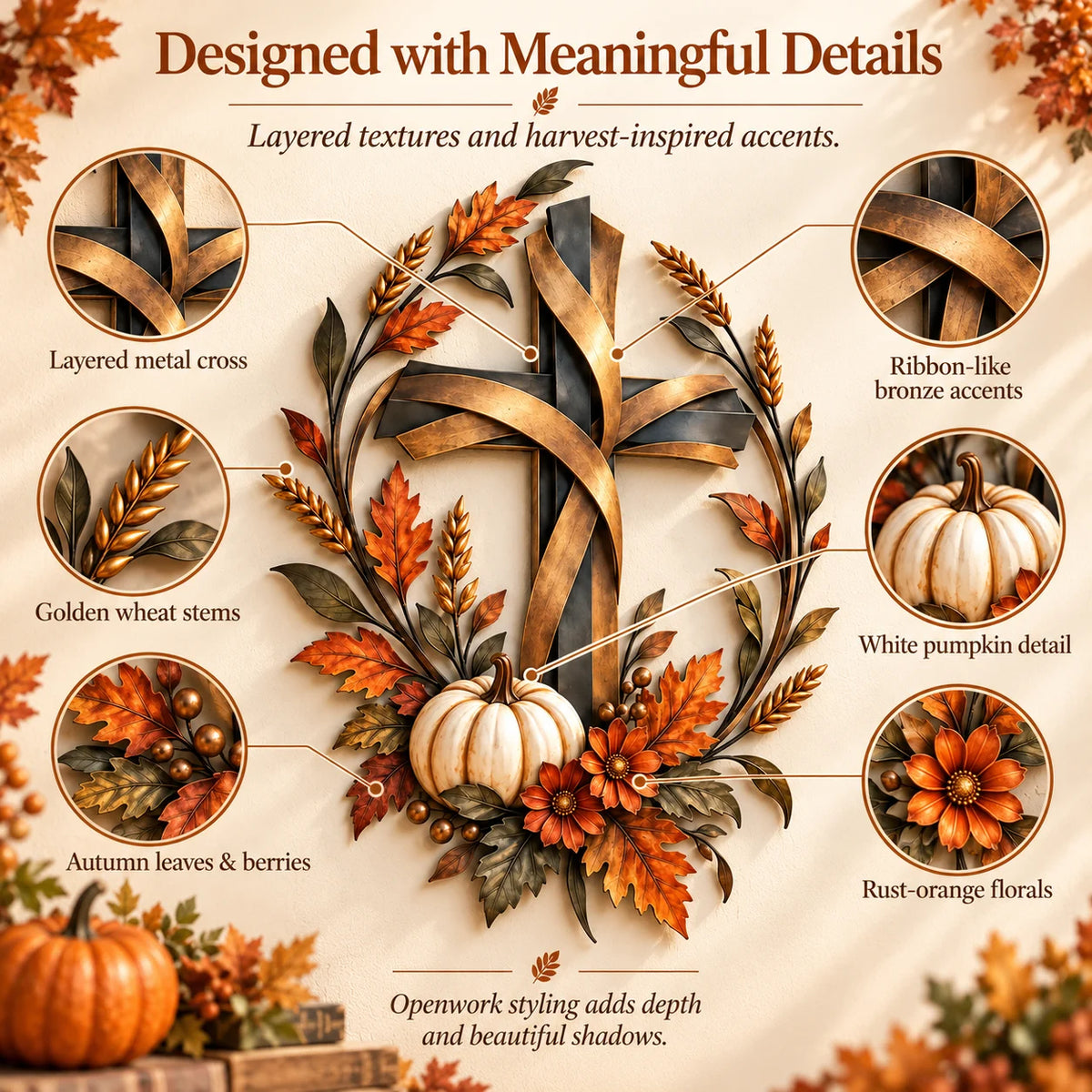 ✝️🍂 Autumn Cross & Pumpkin Harvest Metal Wall Decor (📦buy 2 Free Shipping)