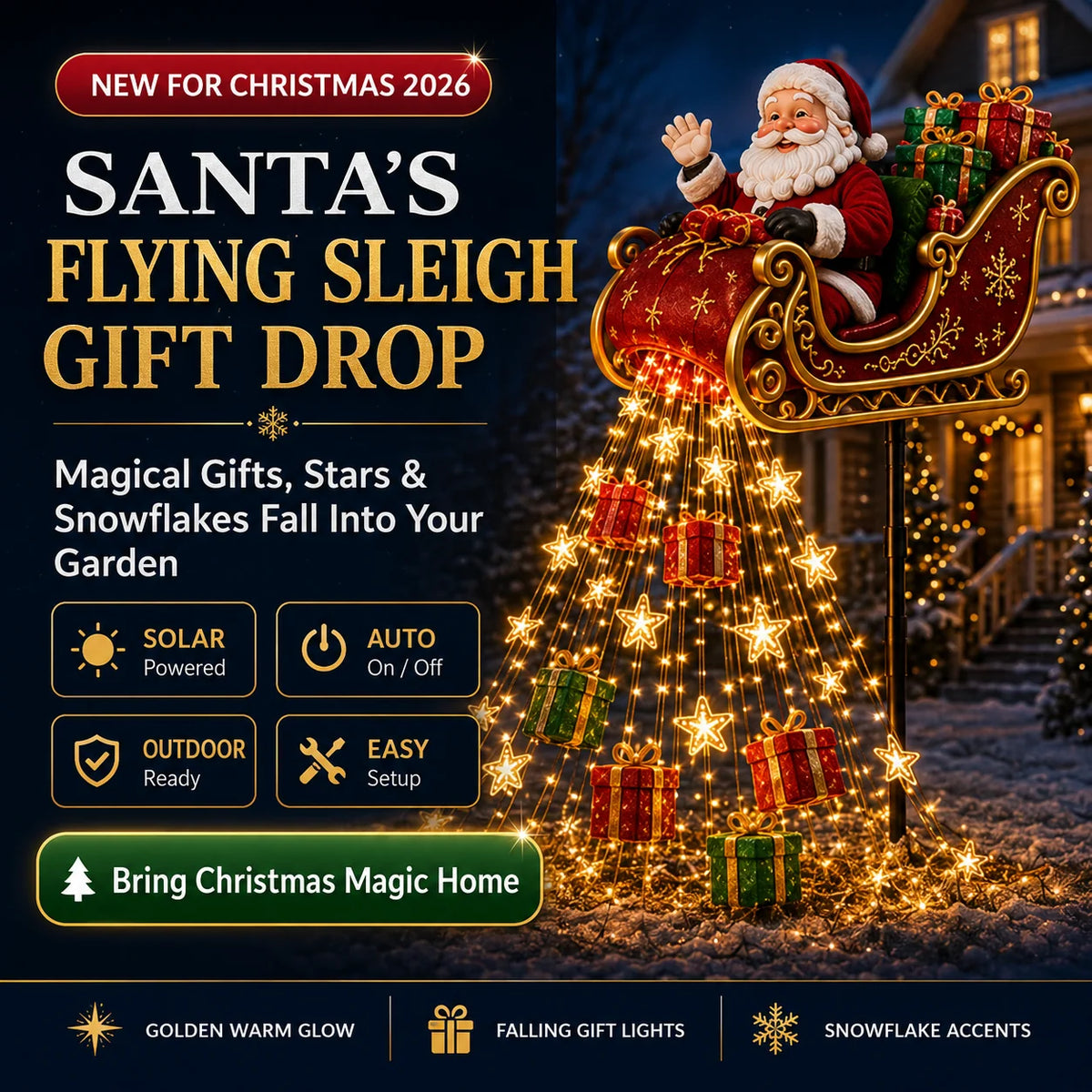 ✨ 2026 Santa’s Flying Sleigh – Solar-Powered Christmas Garden Light Decoration