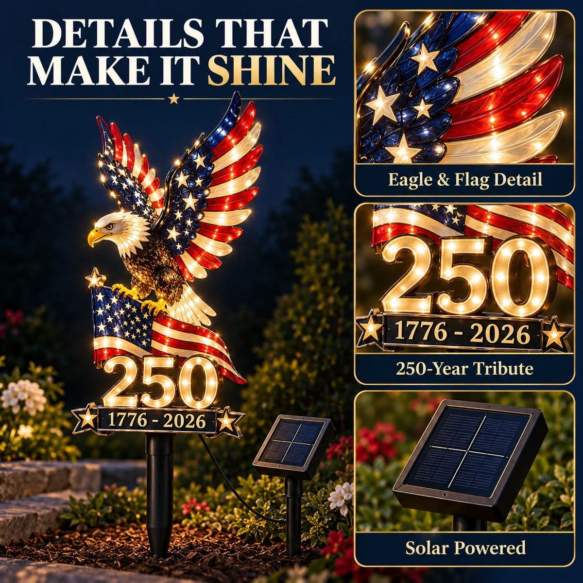 America 250 Eagle Solar Yard Light – Patriotic Garden Decor | 1776–2026 🦅
