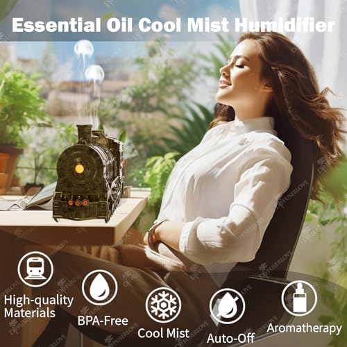 Diffuserlove Essential Oil Diffuser 300ML Train Cool Mist Humidifier Quiet Aromatherapy Diffuser with Night Light for Bedroom Desk