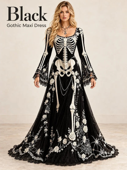 Gothic Skeleton Maxi Dress for Halloween | Bell Sleeve 🕸️
