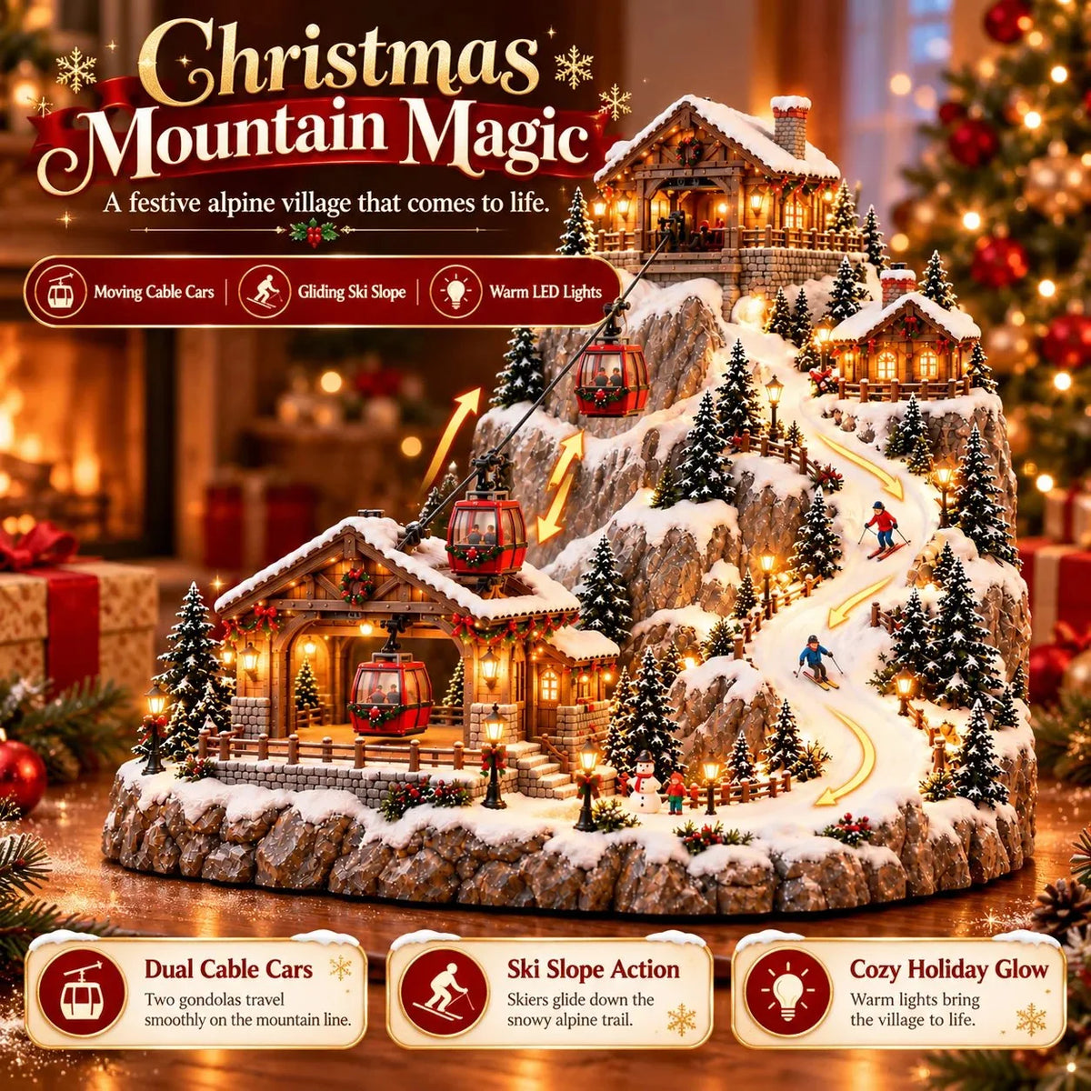 🔥Animated Christmas Mountain Cable Car & Ski Village Scene ✨