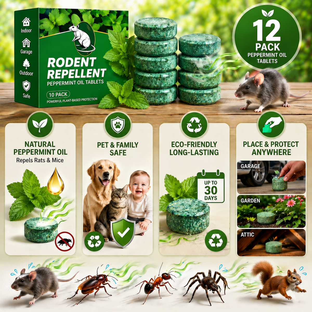 💥LAST DAY SALE 50%OFF💥🟢 Natural Peppermint Rodent Repellent Tablets – 12 Pack