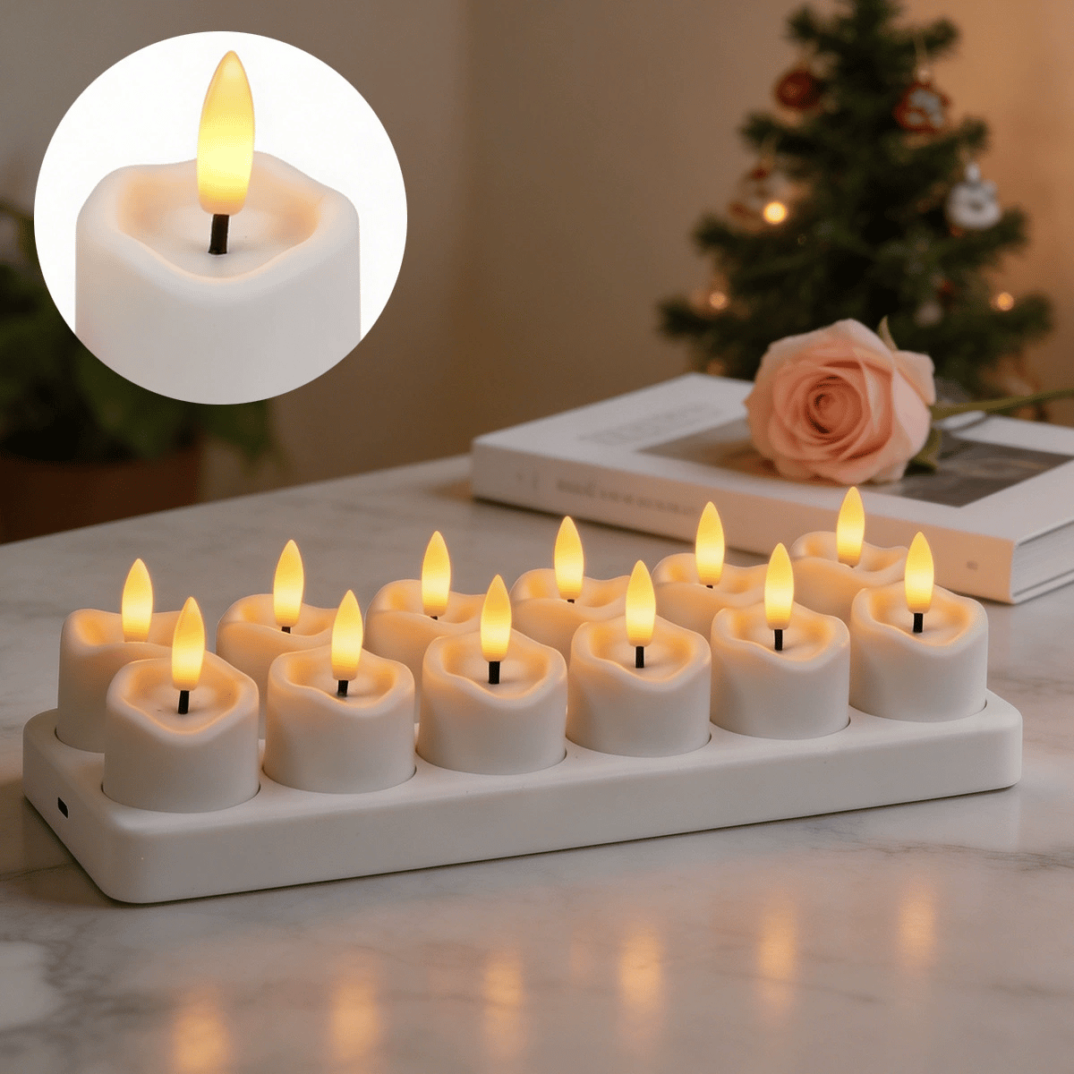 Rechargeable Flameless LED Tea Lights, Charging Station & Remote Included, Flickering Fake Candles, Safe No Flame Candle for Home, Wedding, Festival & Emergency Lighting
