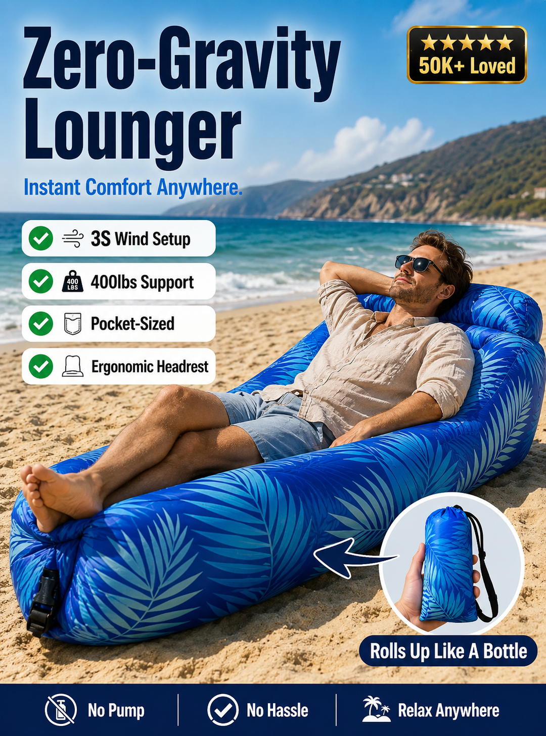 🏕️ Zero-Gravity Lounger | 3S Wind Setup | 400lbs Support | Pocket-Sized | Ergonomic Headrest 🌊