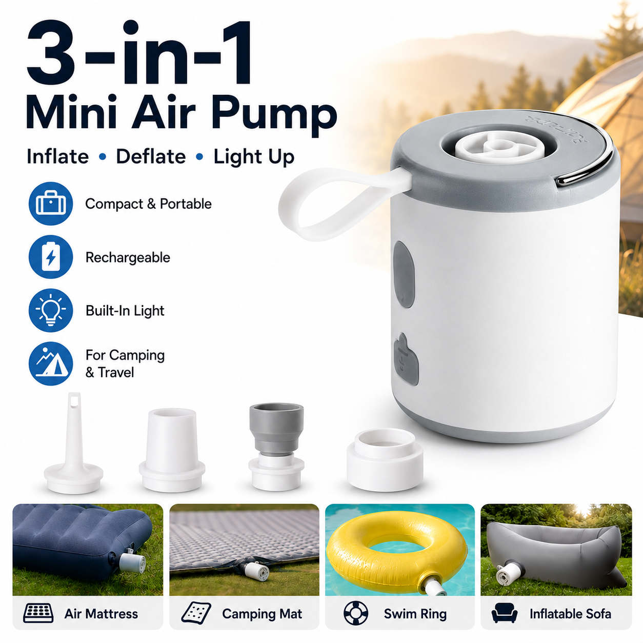 🔥Last Day 50% OFF Save Today Before The Offer Ends🎁4-in-1 Mini Outdoor Air Pump  Inflate. 🔥Deflate. 🚀Light Up.🌌 Attach Anywhere.✨