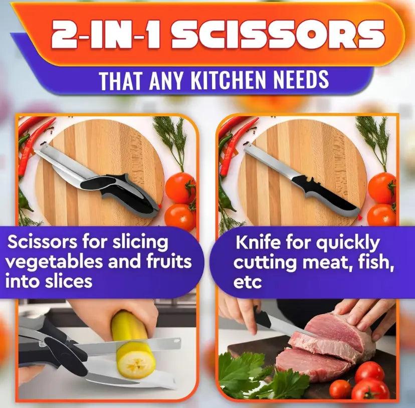 🥕 2-in-1 Kitchen Scissors with Cutting Board – Slice Veggies, Meat & Fruit in One Step, No More Switching Tools