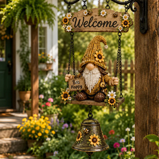 Rustic Garden Gnome Bell – Bee-Themed Farmhouse Outdoor Decor 🌼