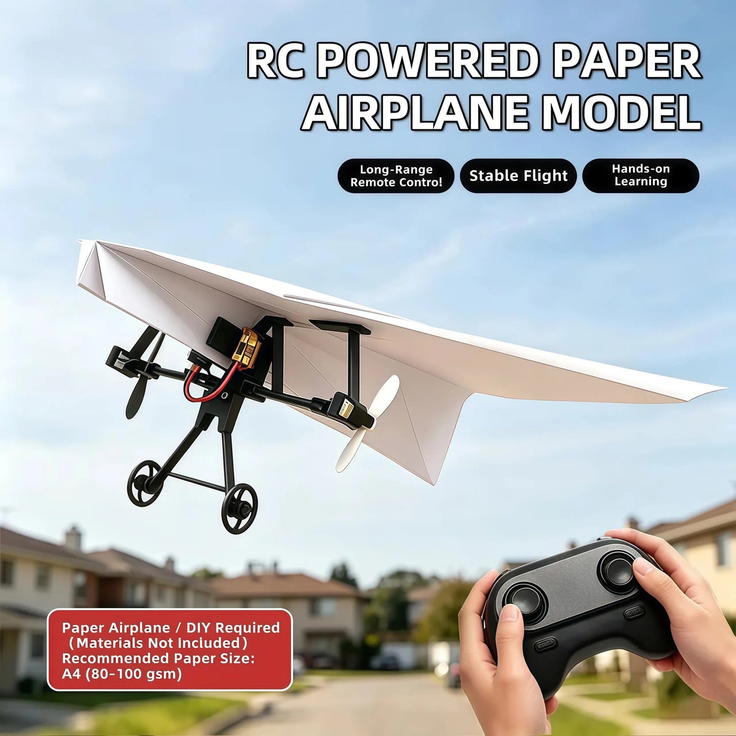 Power-Up RC Paper Airplane Kit with Gyro Stabilizer – DIY Electric Remote Control Plane with Dual Propellers, Lightweight Foldable Flying STEM Toy