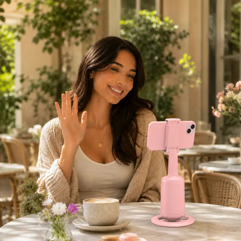 Lifestyle creator using a pink AI tracking stand