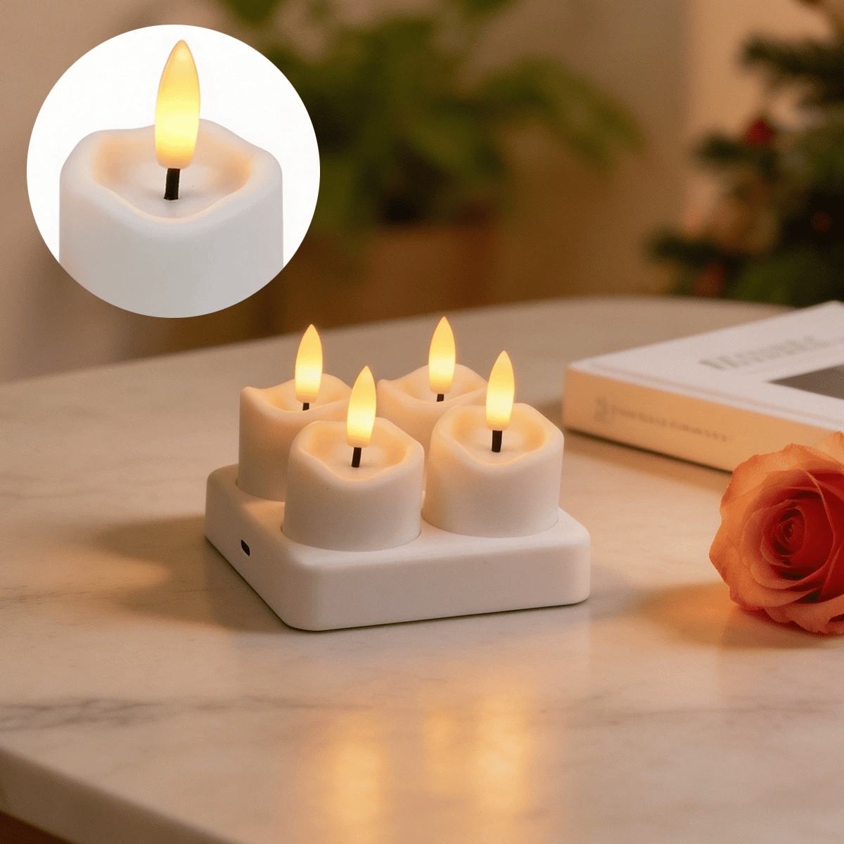 Rechargeable Flameless LED Tea Lights, Charging Station & Remote Included, Flickering Fake Candles, Safe No Flame Candle for Home, Wedding, Festival & Emergency Lighting