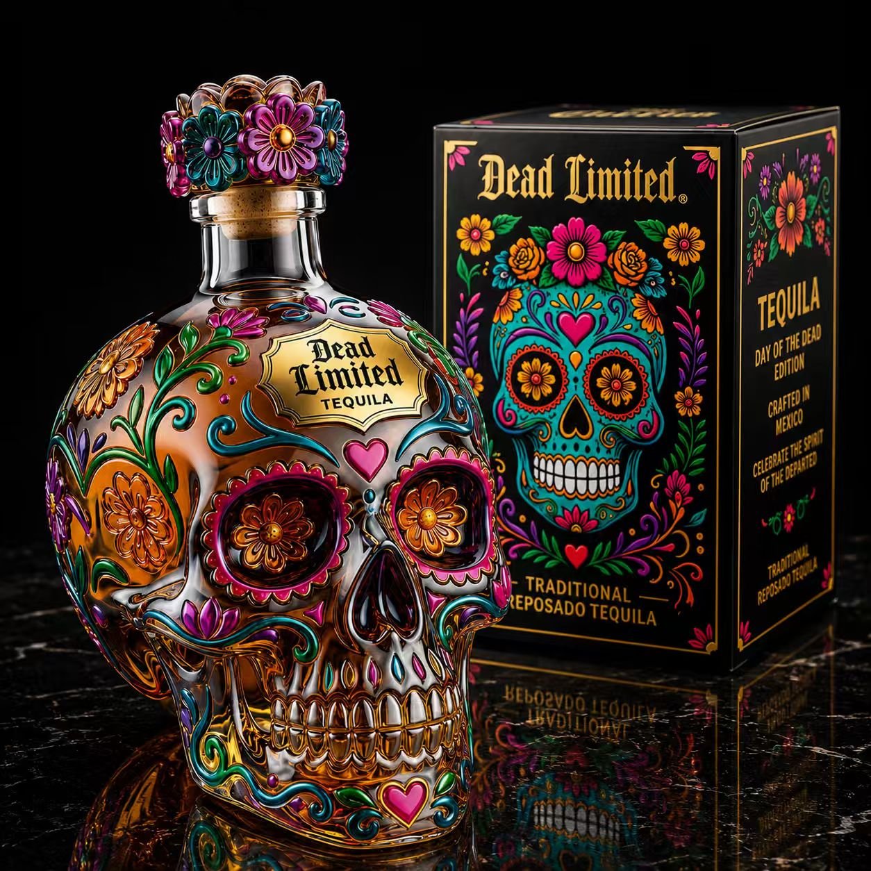 🔥🍷Limited Edition Day of the Dead Skull Tequila Bottle – Colorful Collector’s Gift Box🎁