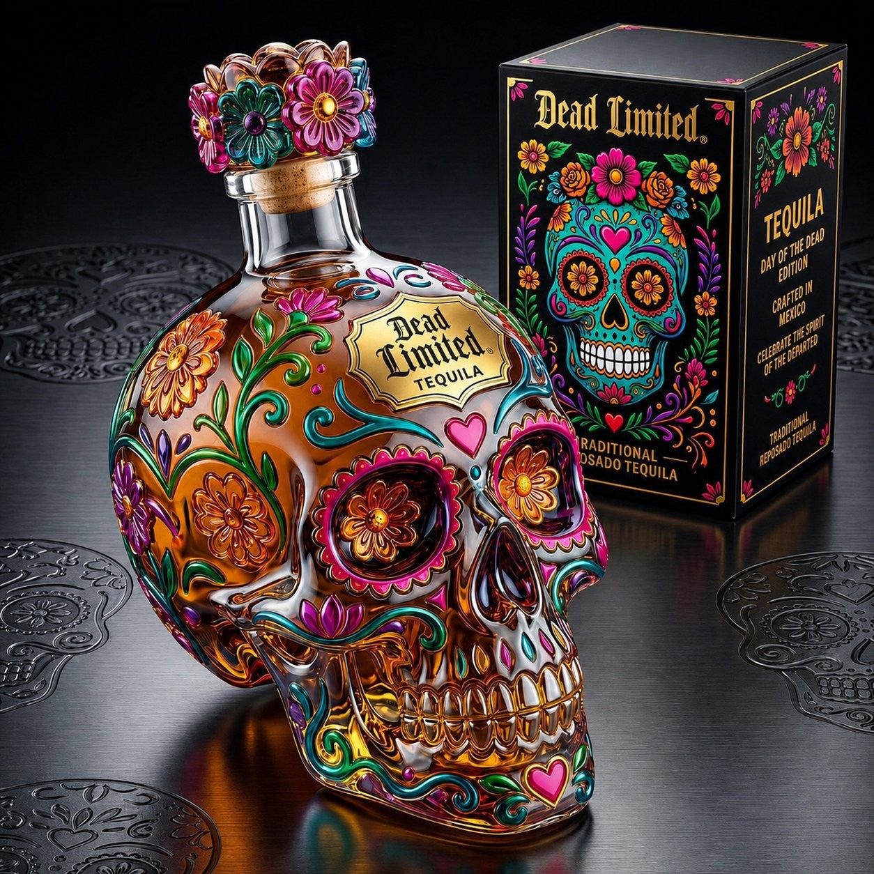 🔥🍷Limited Edition Day of the Dead Skull Tequila Bottle – Colorful Collector’s Gift Box🎁