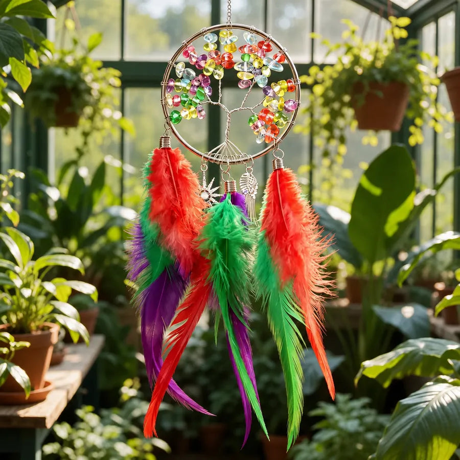 Finished colorful Tree of Life feather hanging glowing near a sunny window