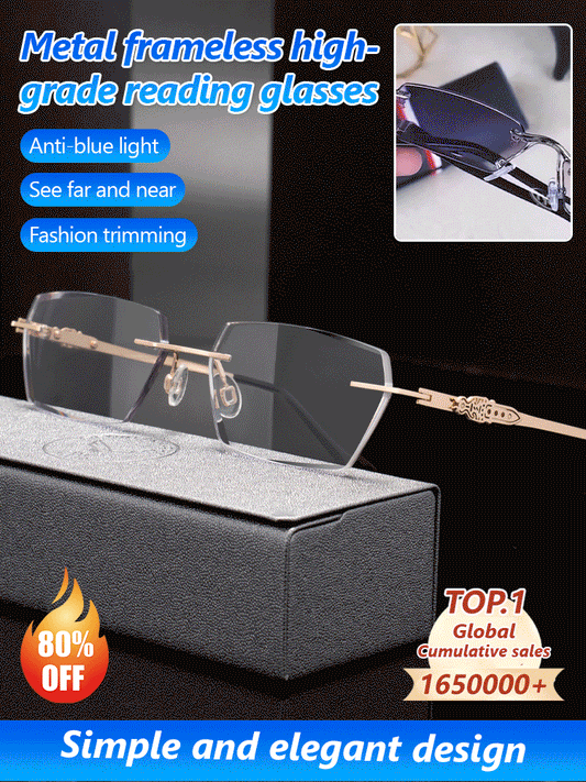 🔥Metal Frameless Highgrade Reading Glasses👍Blocks Blue Light, Radiation, and ultraviolet rays, Relieves Eye Fatigue👓️
