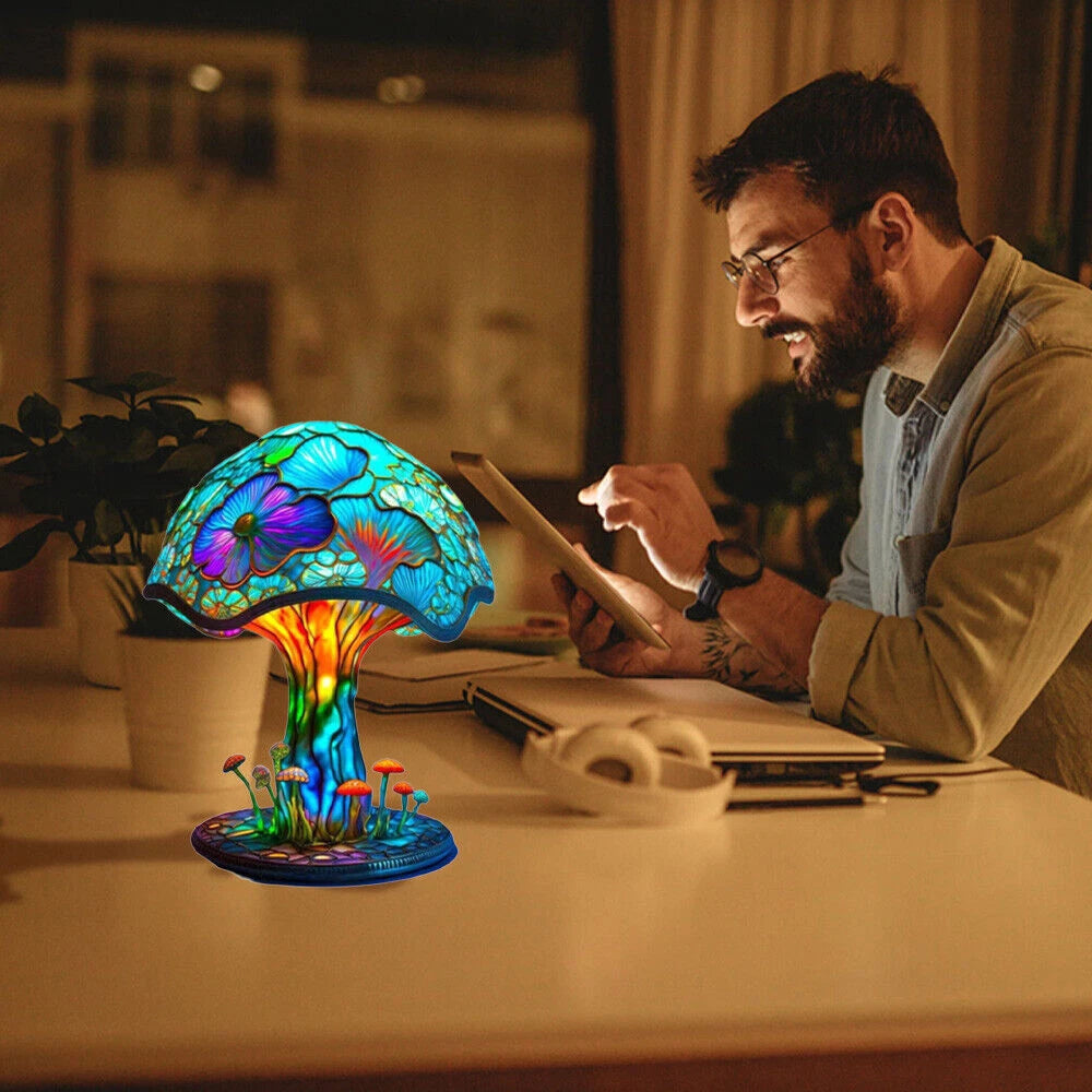 🍄🌈3D Vintage Stained Glass Plant Series Table Lamps Mushroom Creative Light Resin