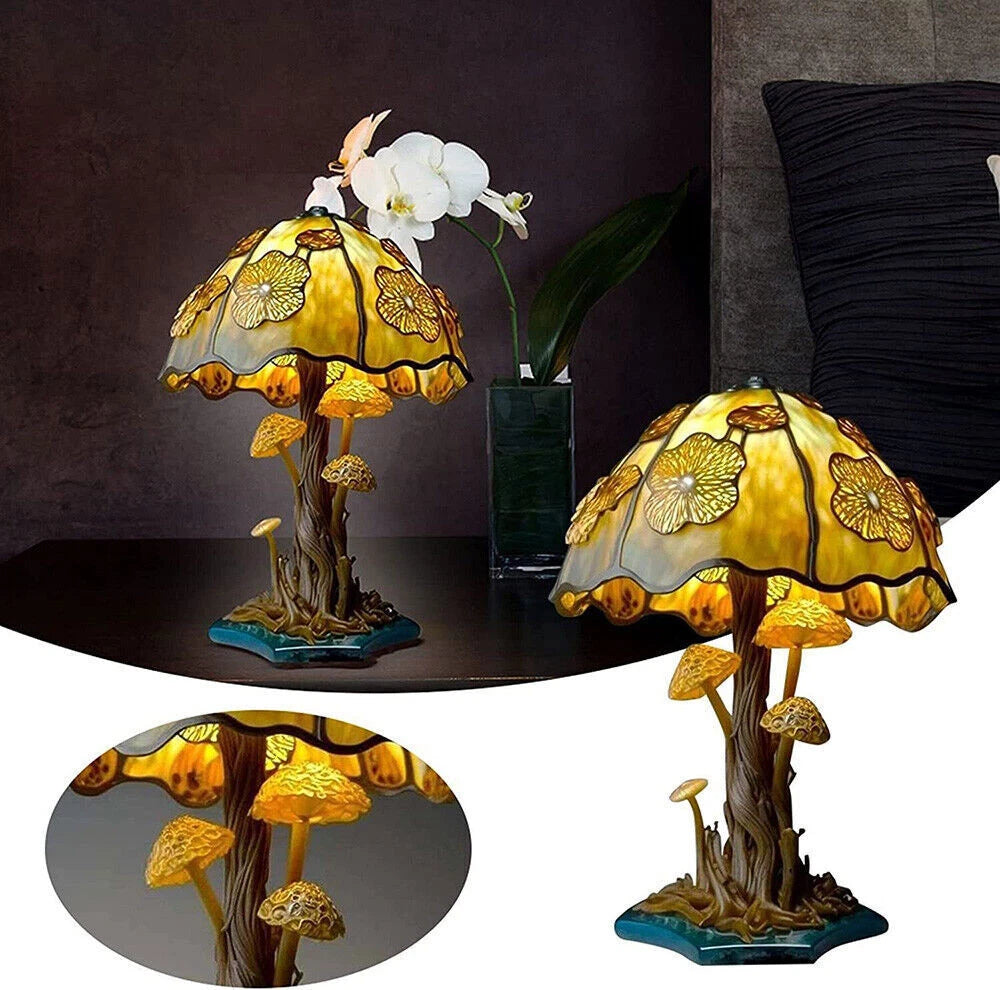 🍄🌈3D Vintage Stained Glass Plant Series Table Lamps Mushroom Creative Light Resin
