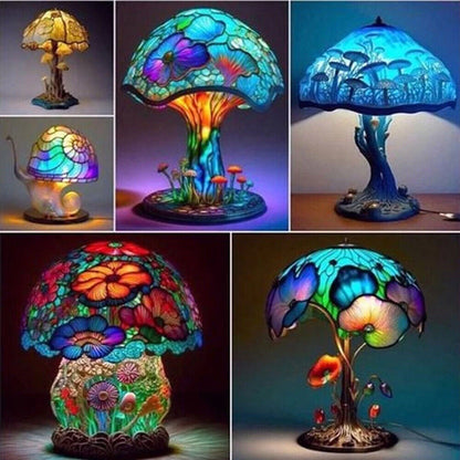 🍄🌈3D Vintage Stained Glass Plant Series Table Lamps Mushroom Creative Light Resin