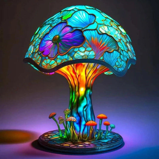 🍄🌈3D Vintage Stained Glass Plant Series Table Lamps Mushroom Creative Light Resin
