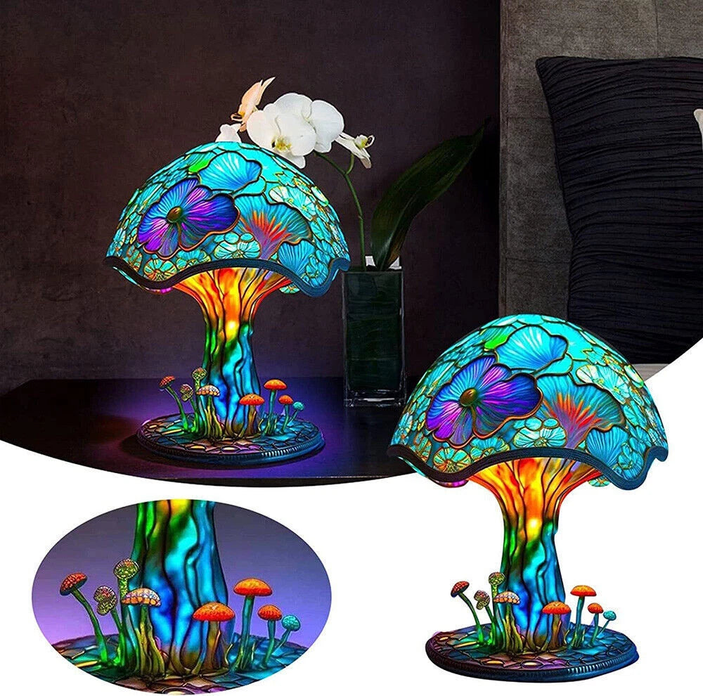 🍄🌈3D Vintage Stained Glass Plant Series Table Lamps Mushroom Creative Light Resin