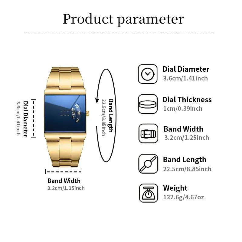 ⌚50% OFF NOW ! ✨Men's Square Face Quartz Watch – Gold Stainless Steel Band Unique Dial Design, Business Casual Fashion Wristwatch